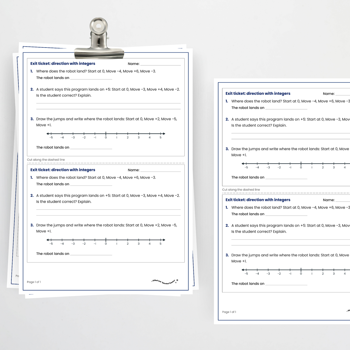 Exit ticket, two per page – Understanding Direction with Integers