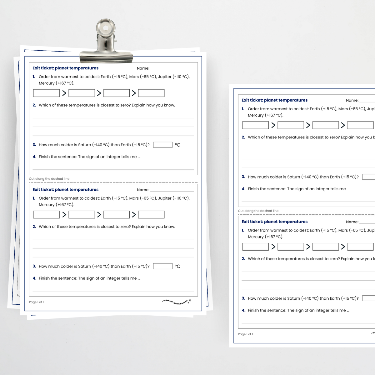 Exit ticket, two per page – Integers Through Planet Temperatures