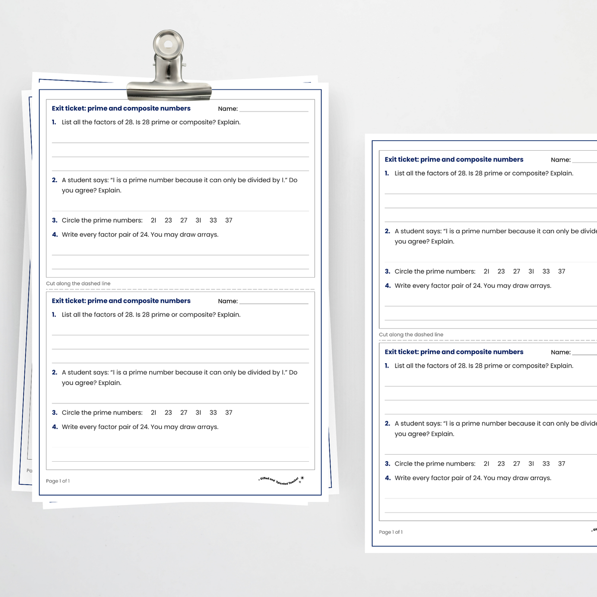 Exit ticket, two per page – Prime and Composite Numbers