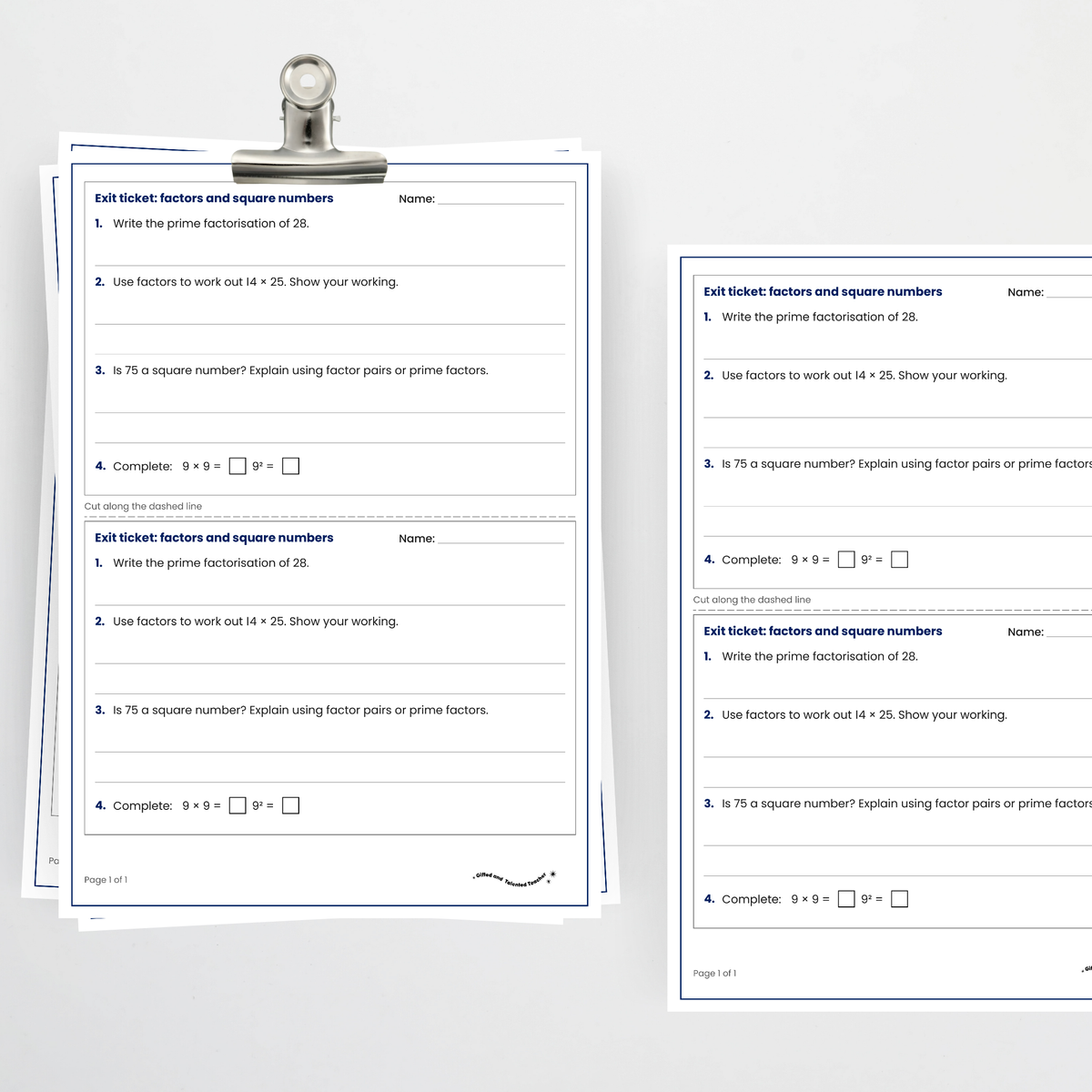 Exit ticket, two per page – Factors, Prime Factors and Square Numbers