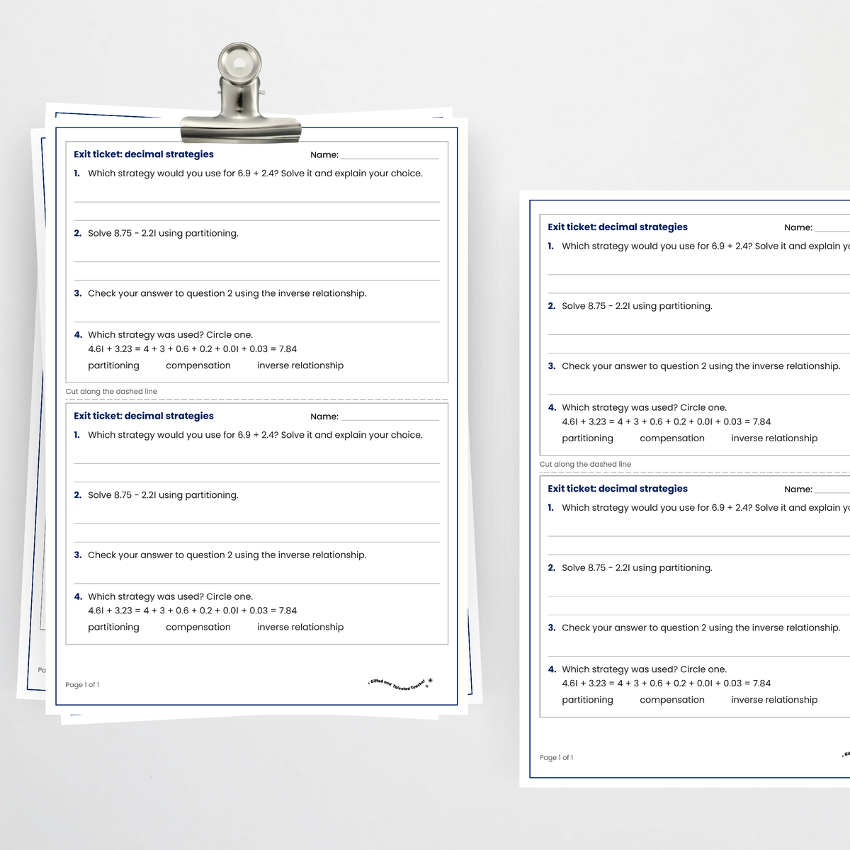 Exit ticket, two per page – Decimal Addition and Subtraction Strategies