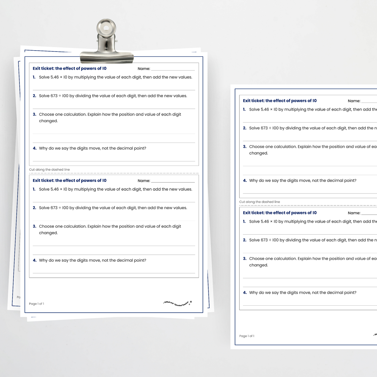 Exit ticket, two per page – Effect of Multiplying and Dividing Decimals by 10, 100 and 1000
