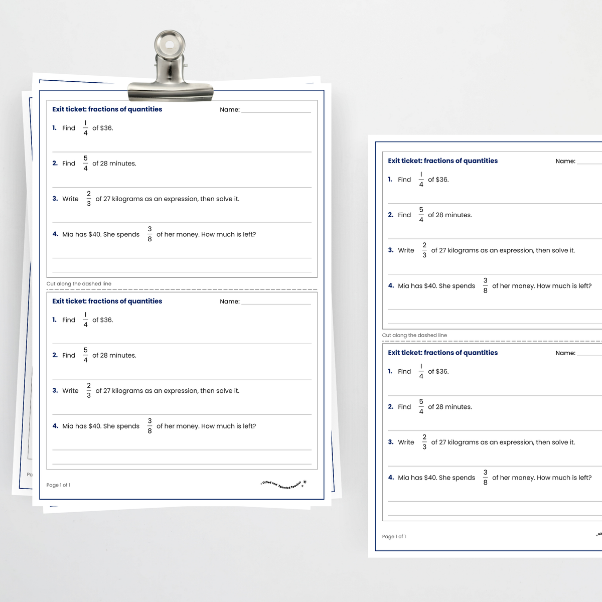 Exit ticket, two per page – Finding Fractions of Quantities