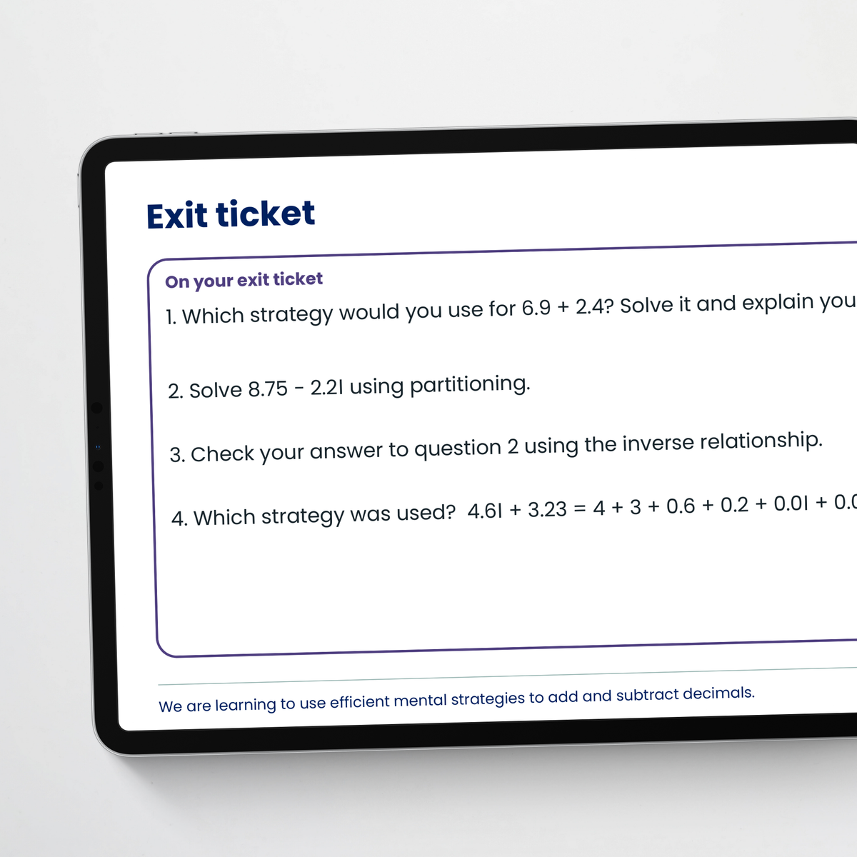 Teacher slide: exit ticket – Decimal Addition and Subtraction Strategies