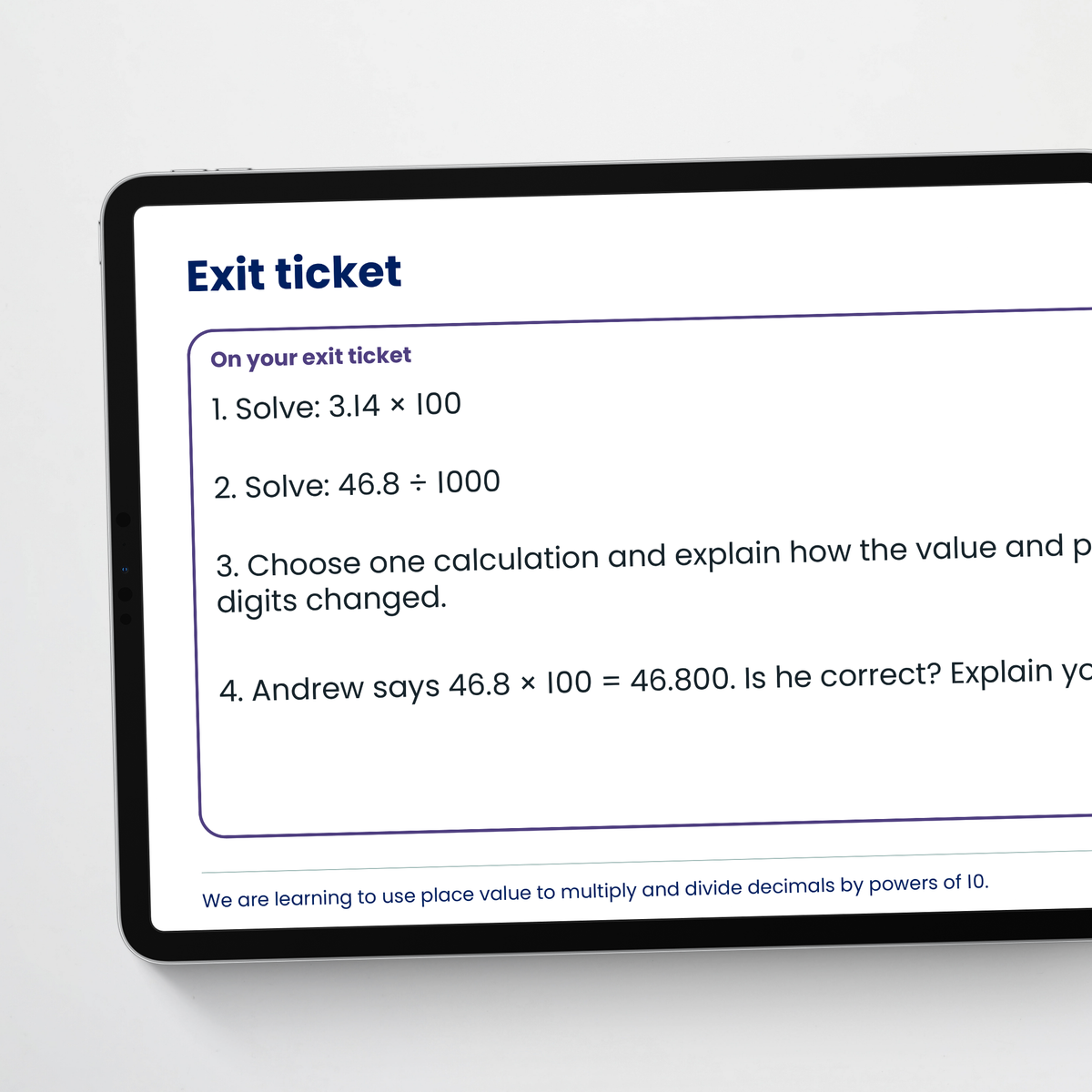 Teacher slide: exit ticket – Multiplying and Dividing Decimals Using Place Value