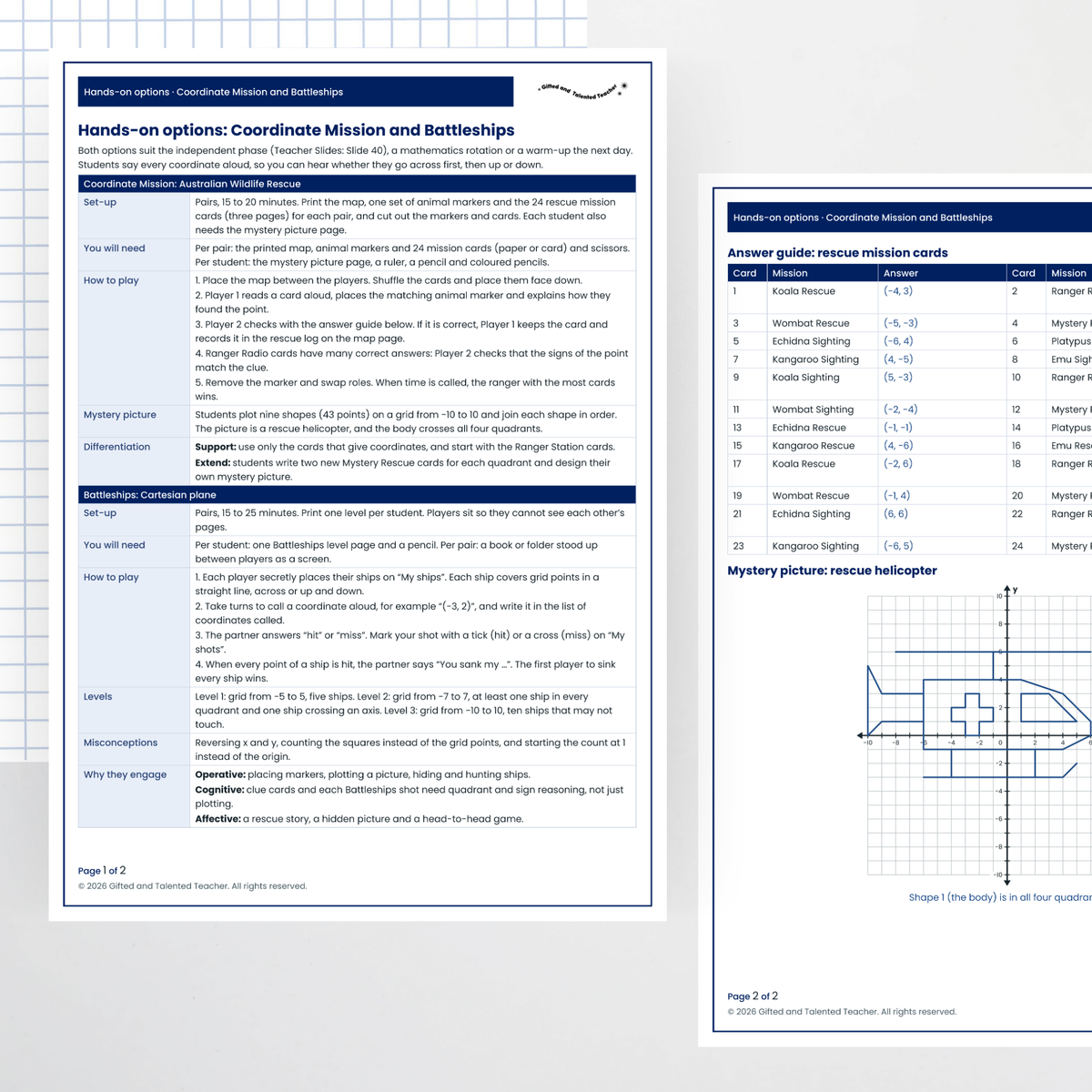 Hands-on activity: teacher page and answers – Understanding Integers on the Cartesian Plane