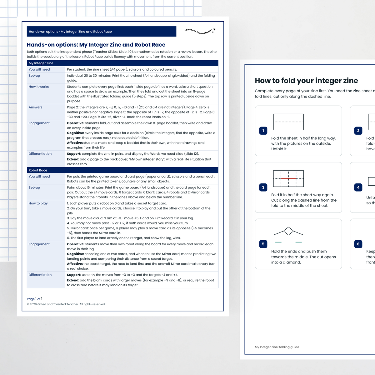 Hands-on activity: teacher page and answers – Understanding Direction with Integers