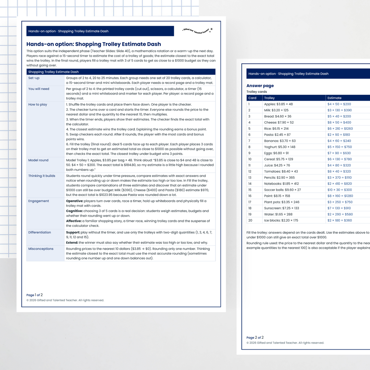 Hands-on activity: teacher page and answers – Estimating Decimal Multiplication