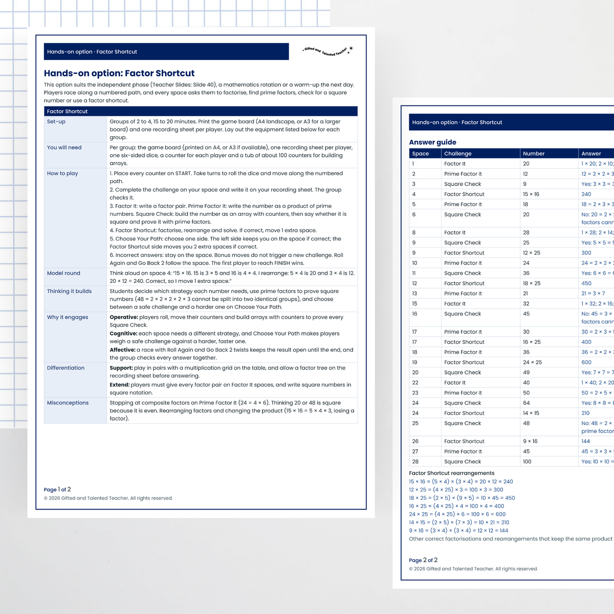 Hands-on activity: teacher page and answers – Factors, Prime Factors and Square Numbers