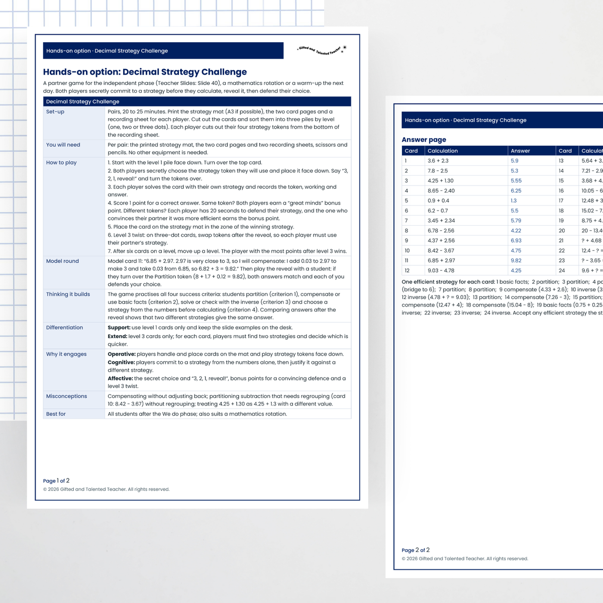 Hands-on activity: teacher page and answers – Decimal Addition and Subtraction Strategies
