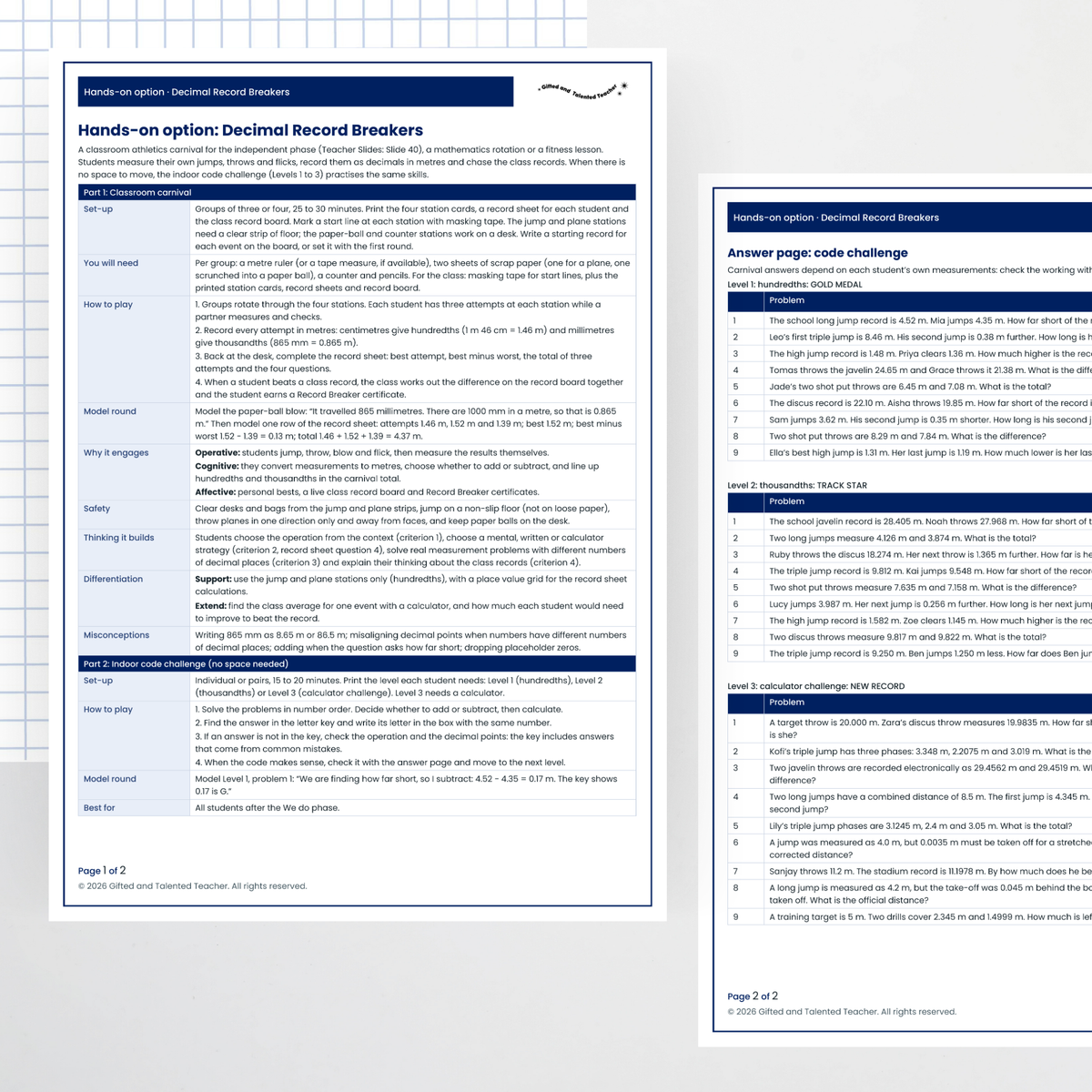 Hands-on activity: teacher page and answers – Applying Decimal Addition and Subtraction in Measurement