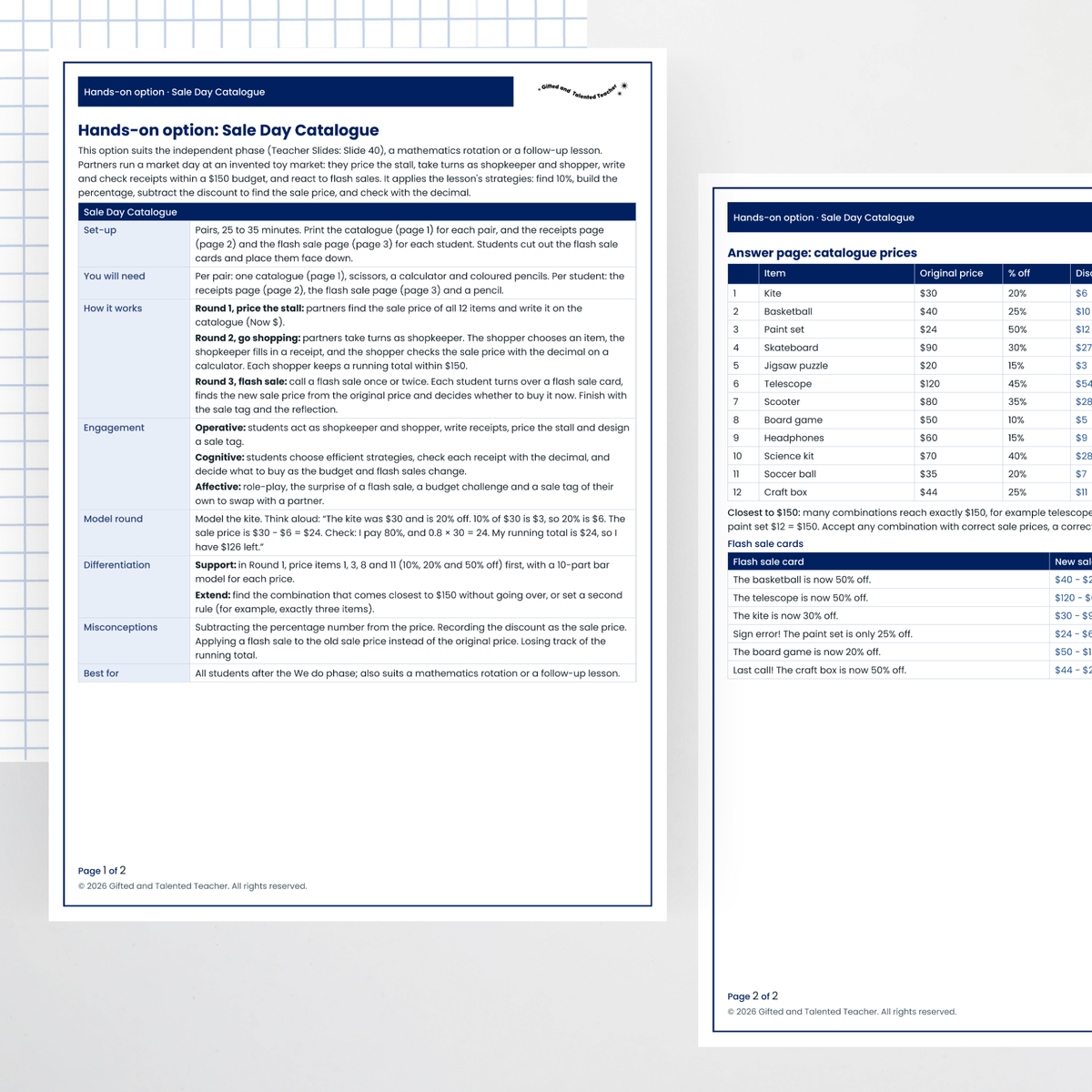 Hands-on activity: teacher page and answers – Finding Percentages of Quantities and Discounts