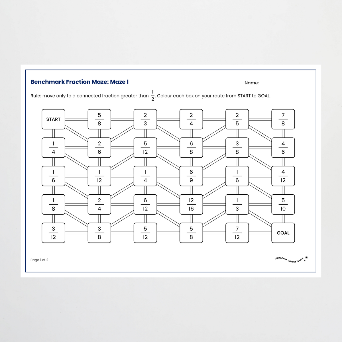 Benchmark Fraction Maze 1: fractions greater than one half