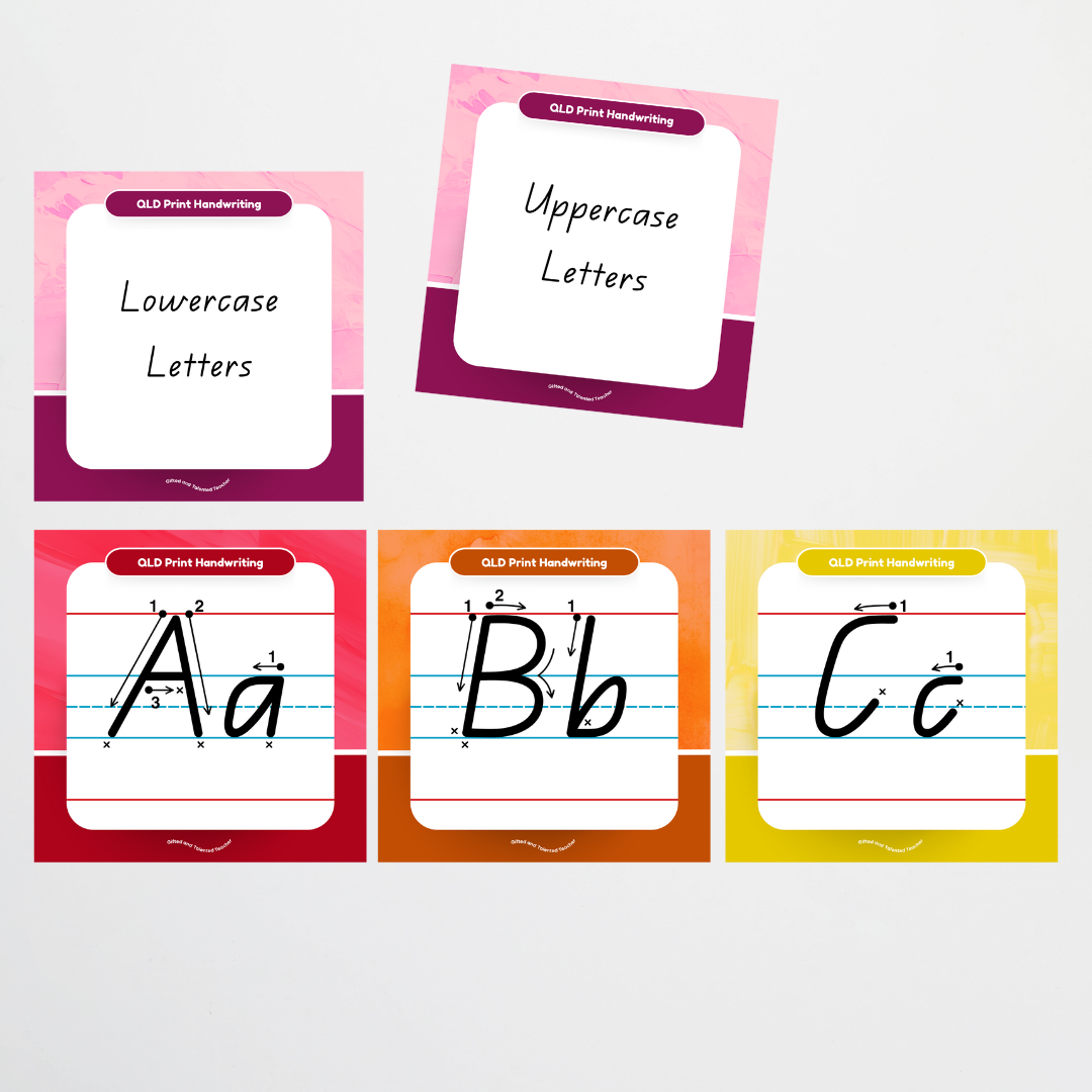 Queensland Beginner Font: Lined Handwriting Posters (with directional arrows) - Rainbow