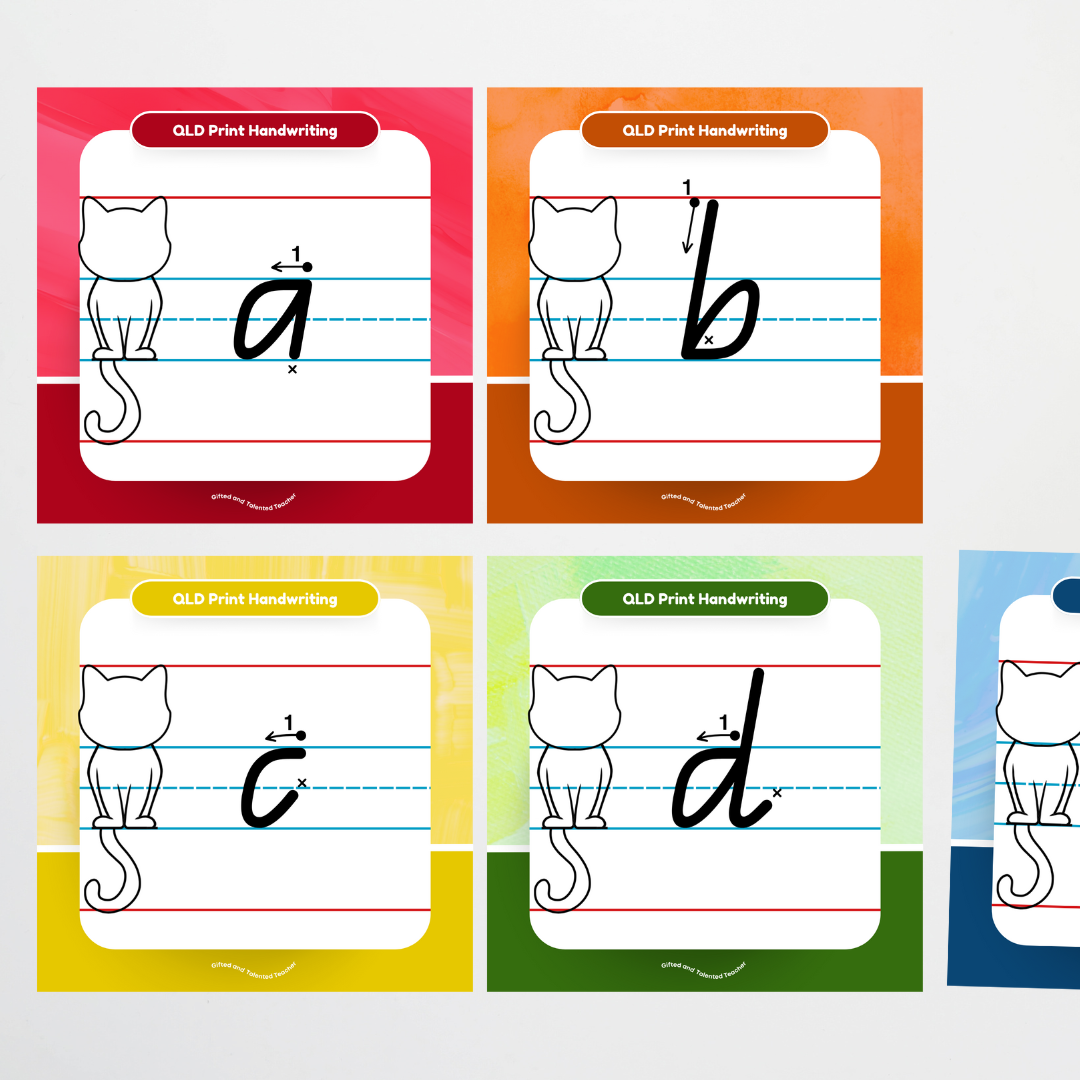 QLD Beginner Font: Cat Dotted Thirds Lined Handwriting Posters (with directional arrows) - Rainbow