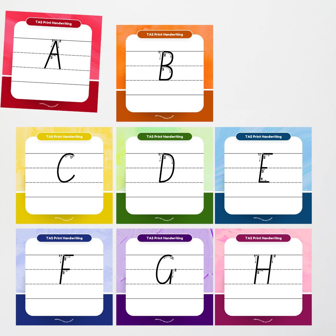 Tasmanian Print Font: Lined Handwriting Posters (with directional arrows) - Rainbow