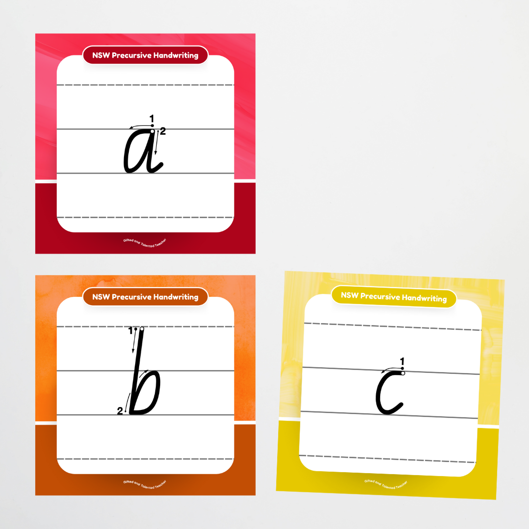 NSW Precursive Font: Lined Handwriting Posters (with directional arrows) - Rainbow